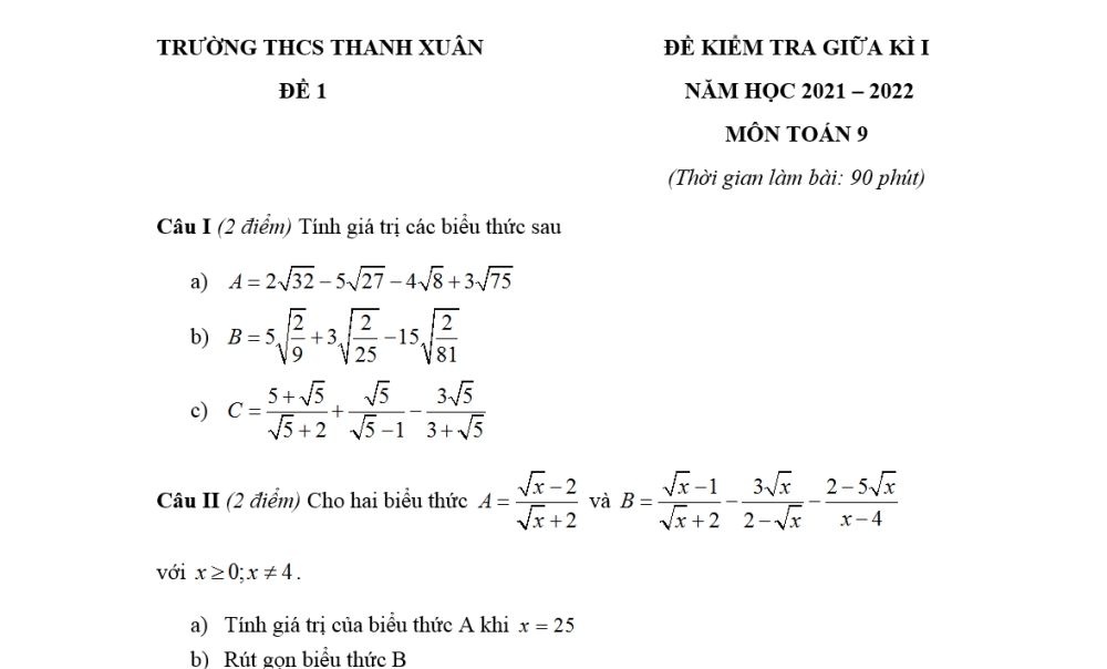 Toán 9: Đề kiểm tra giữa học kỳ 1. Trường THCS Thanh Xuân năm học 2021-2022